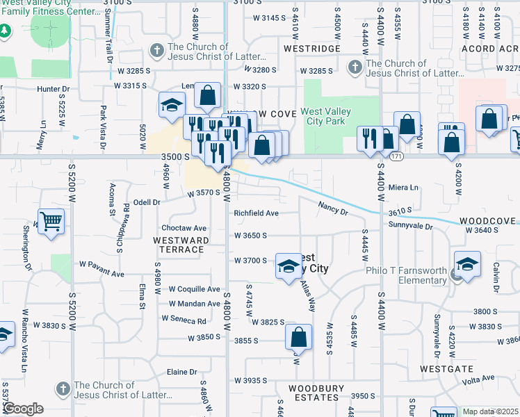 map of restaurants, bars, coffee shops, grocery stores, and more near 3623 South Richfield Court in West Valley City