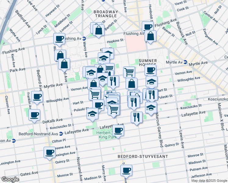 map of restaurants, bars, coffee shops, grocery stores, and more near 151 Tompkins Avenue in Brooklyn