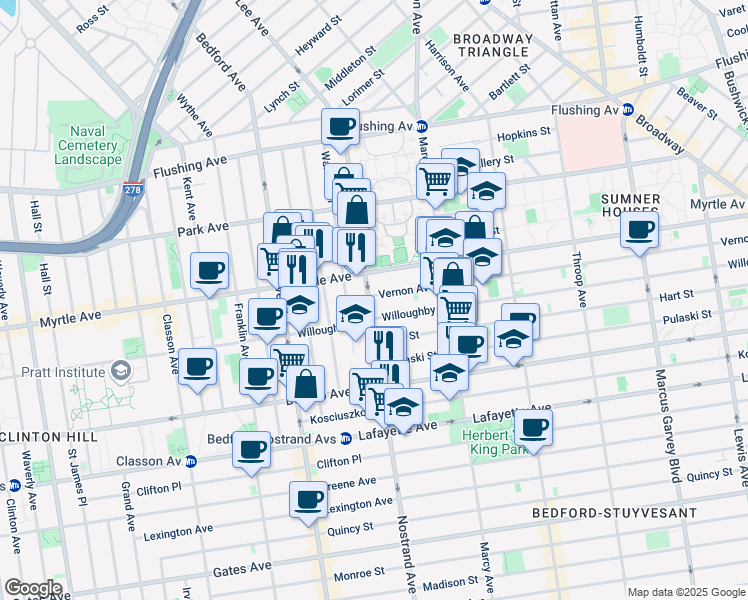 map of restaurants, bars, coffee shops, grocery stores, and more near in Brooklyn