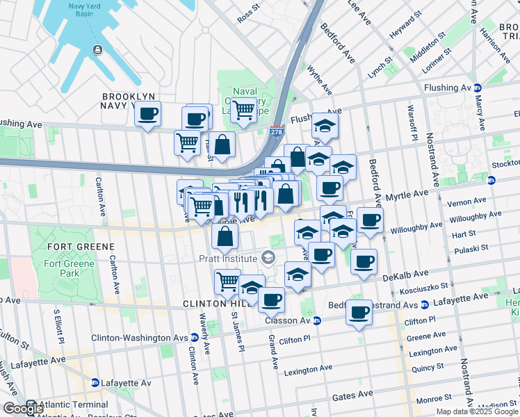 map of restaurants, bars, coffee shops, grocery stores, and more near 536 Myrtle Avenue in Brooklyn
