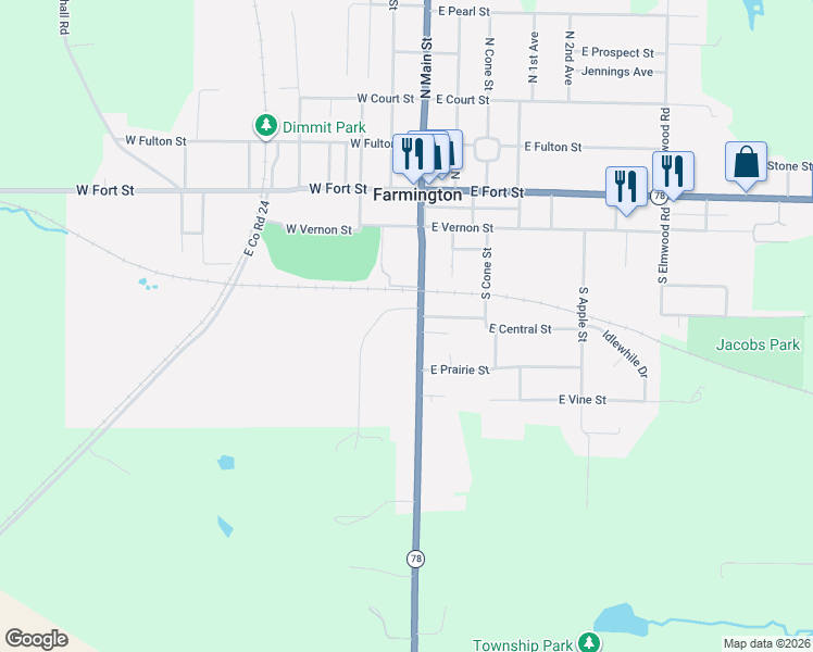 map of restaurants, bars, coffee shops, grocery stores, and more near 315 Casey Road in Farmington