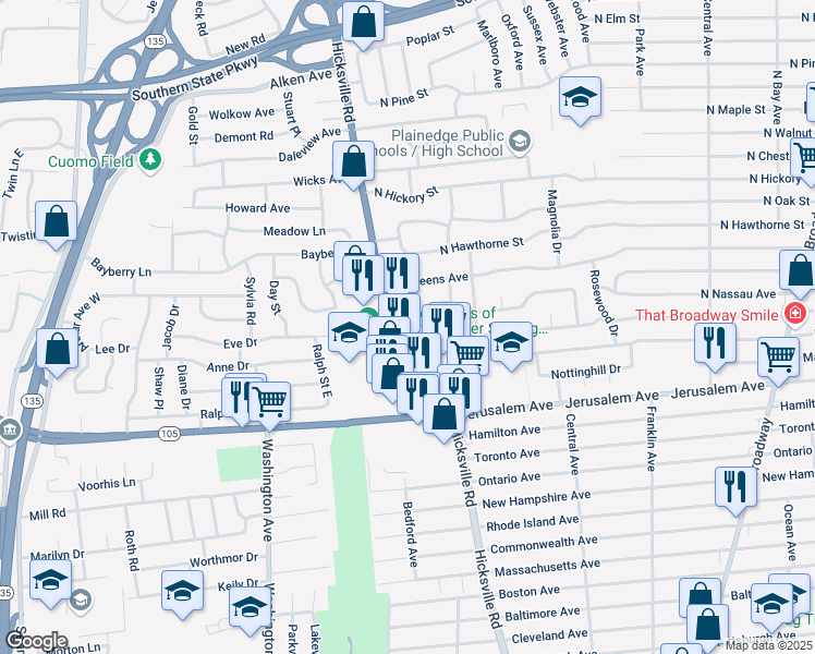 map of restaurants, bars, coffee shops, grocery stores, and more near 598 North Suffolk Avenue in Massapequa