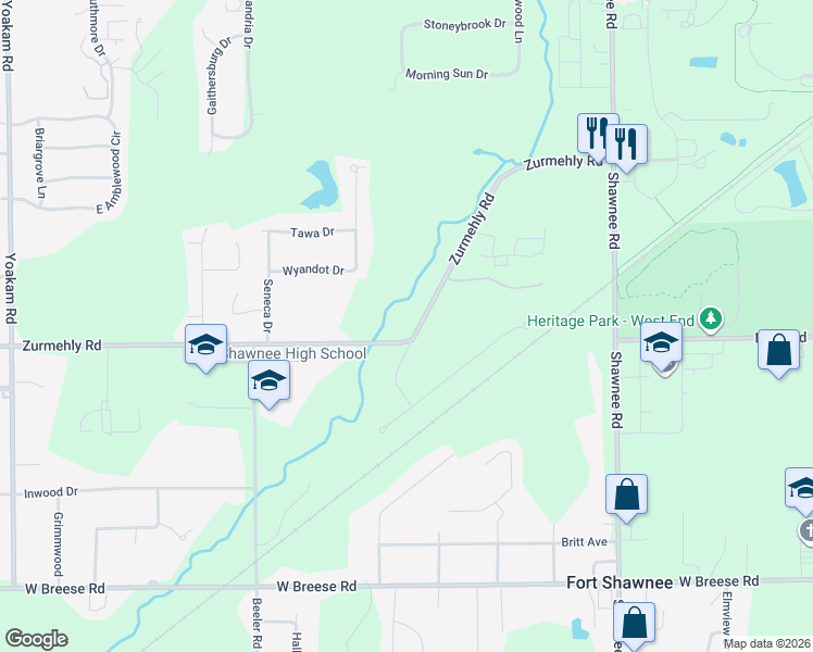 map of restaurants, bars, coffee shops, grocery stores, and more near 2305 Meadow Ln in Lima