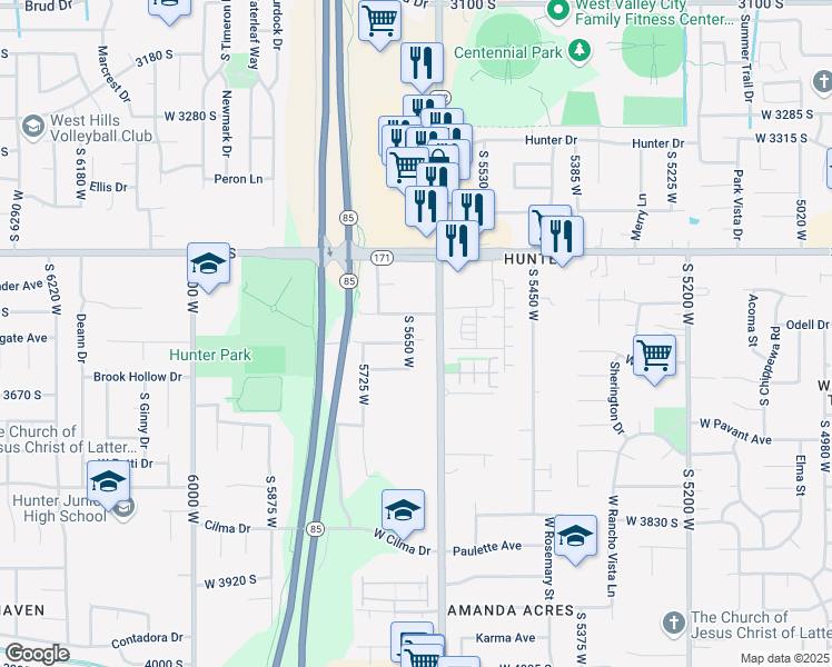 map of restaurants, bars, coffee shops, grocery stores, and more near 3601 South 5650 West in West Valley City