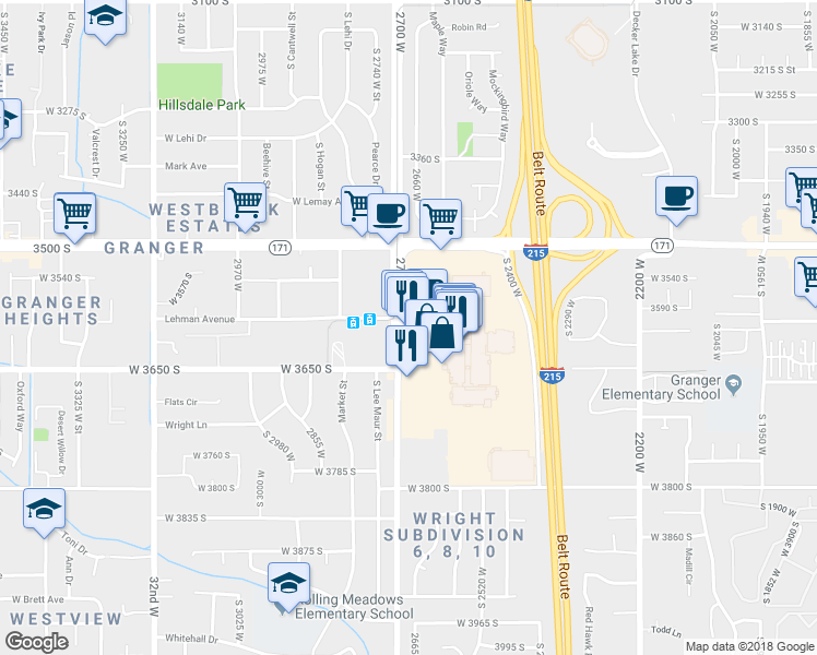 map of restaurants, bars, coffee shops, grocery stores, and more near 3601 S 2700 W in West Valley City