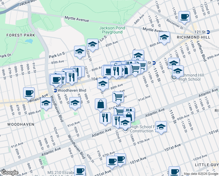 map of restaurants, bars, coffee shops, grocery stores, and more near 102-25 89th Avenue in Queens