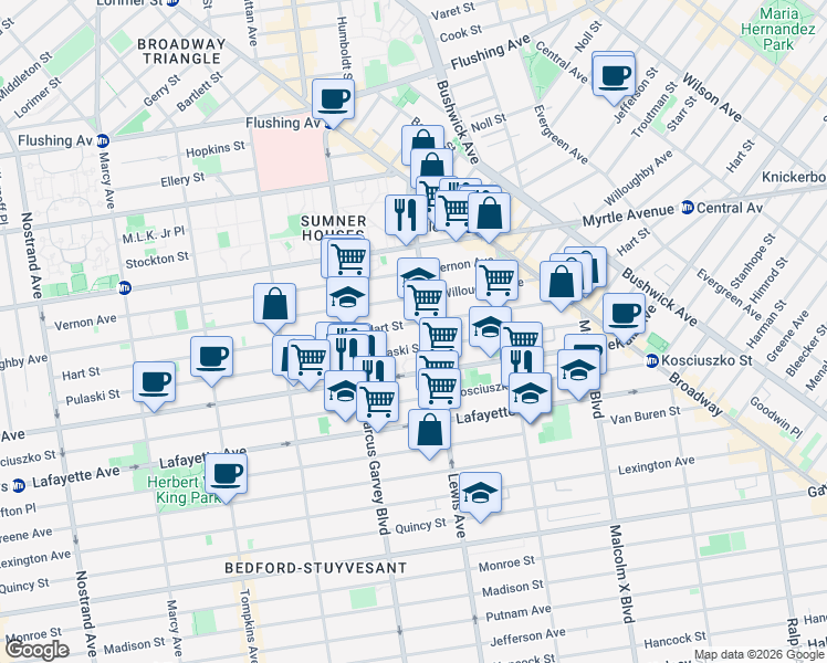 map of restaurants, bars, coffee shops, grocery stores, and more near 334 Hart Street in Brooklyn