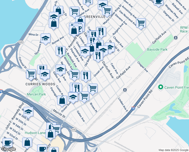 map of restaurants, bars, coffee shops, grocery stores, and more near Ocean Ave & Lembeck Ave in Jersey City