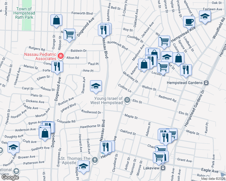 map of restaurants, bars, coffee shops, grocery stores, and more near 650 Adams Avenue in West Hempstead