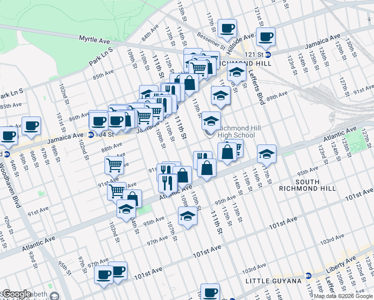 map of restaurants, bars, coffee shops, grocery stores, and more near 91-28 111th Street in Queens
