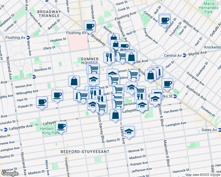 map of restaurants, bars, coffee shops, grocery stores, and more near 953 Dekalb Avenue in Brooklyn