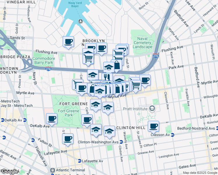 map of restaurants, bars, coffee shops, grocery stores, and more near 132 Clinton Avenue in Brooklyn
