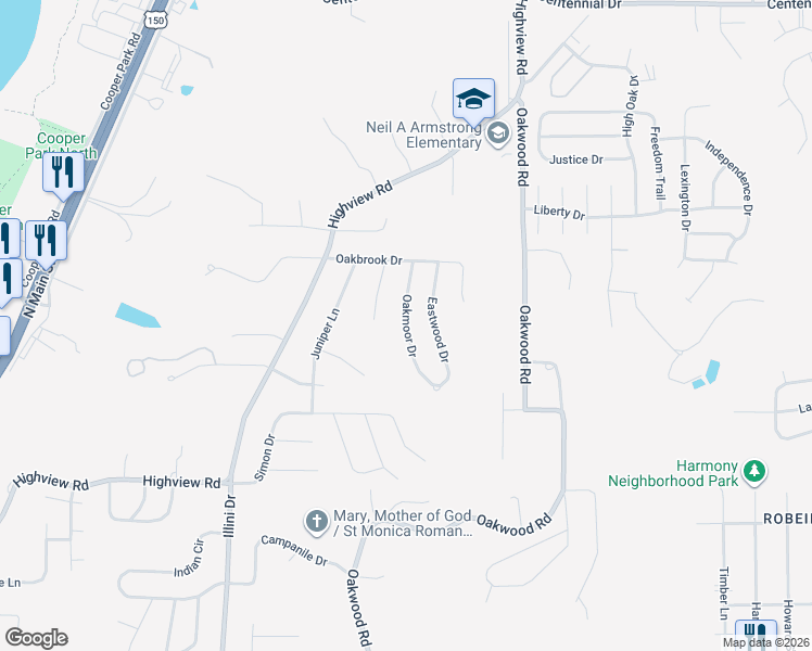 map of restaurants, bars, coffee shops, grocery stores, and more near Oakmoor Drive in East Peoria