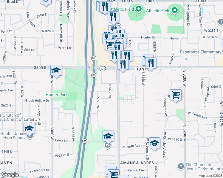 map of restaurants, bars, coffee shops, grocery stores, and more near 3601 South 5650 West in West Valley City