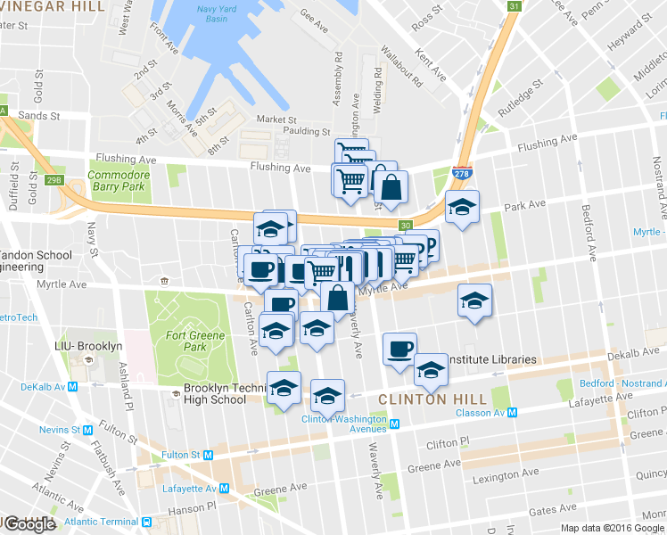map of restaurants, bars, coffee shops, grocery stores, and more near 127 Clinton Avenue in Brooklyn