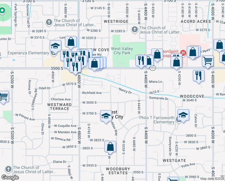 map of restaurants, bars, coffee shops, grocery stores, and more near 3601 Atlas Way in West Valley City