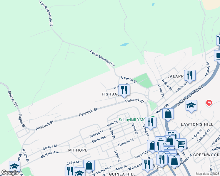 map of restaurants, bars, coffee shops, grocery stores, and more near 476 Wallace Street in Pottsville