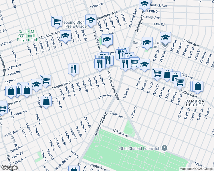 map of restaurants, bars, coffee shops, grocery stores, and more near 118-54 Nashville Boulevard in Queens