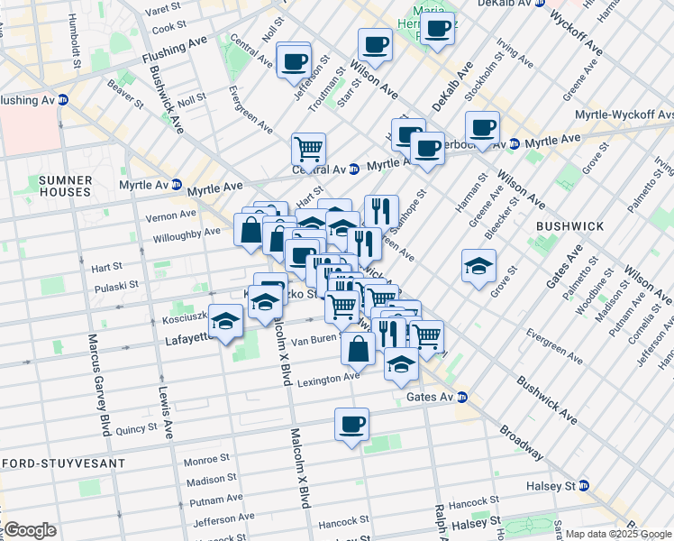 map of restaurants, bars, coffee shops, grocery stores, and more near 800 Bushwick Avenue in Brooklyn