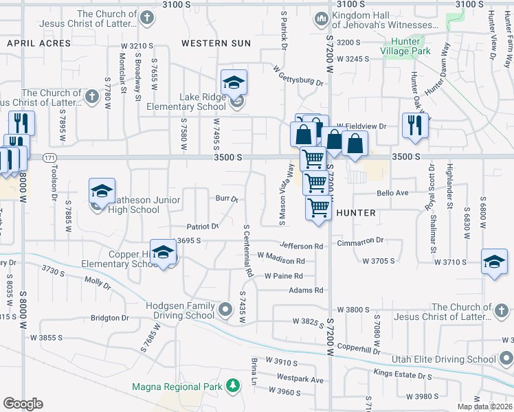 map of restaurants, bars, coffee shops, grocery stores, and more near 7390 West Candis Place in Magna