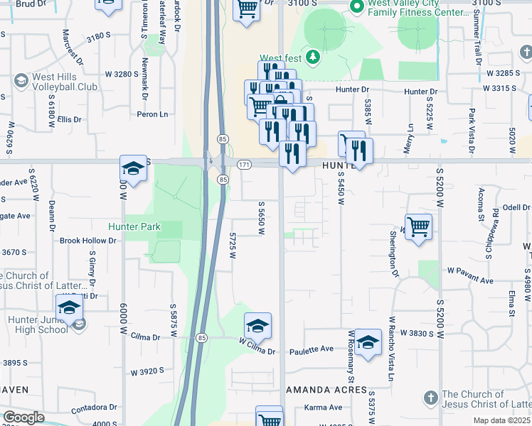 map of restaurants, bars, coffee shops, grocery stores, and more near 3601 South 5650 West in West Valley City