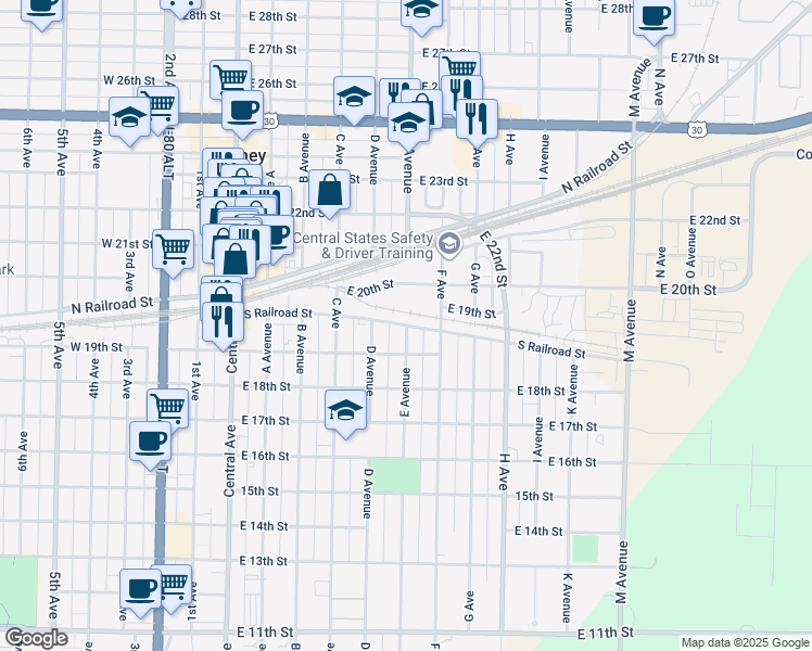 map of restaurants, bars, coffee shops, grocery stores, and more near 1998 Avenue East in Kearney