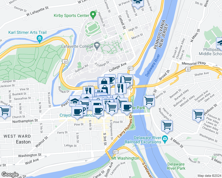 map of restaurants, bars, coffee shops, grocery stores, and more near 220 Bushkill Street in Easton