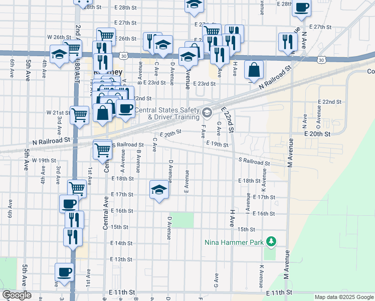 map of restaurants, bars, coffee shops, grocery stores, and more near Avenue East Place in Kearney