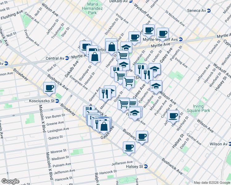 map of restaurants, bars, coffee shops, grocery stores, and more near 120 Grove Street in Brooklyn