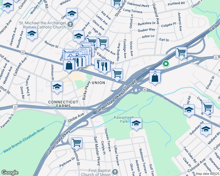 map of restaurants, bars, coffee shops, grocery stores, and more near 950 Ingersoll Terrace in Union