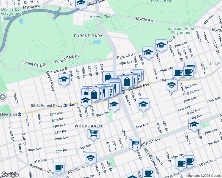 map of restaurants, bars, coffee shops, grocery stores, and more near 9119 86th Drive in Queens
