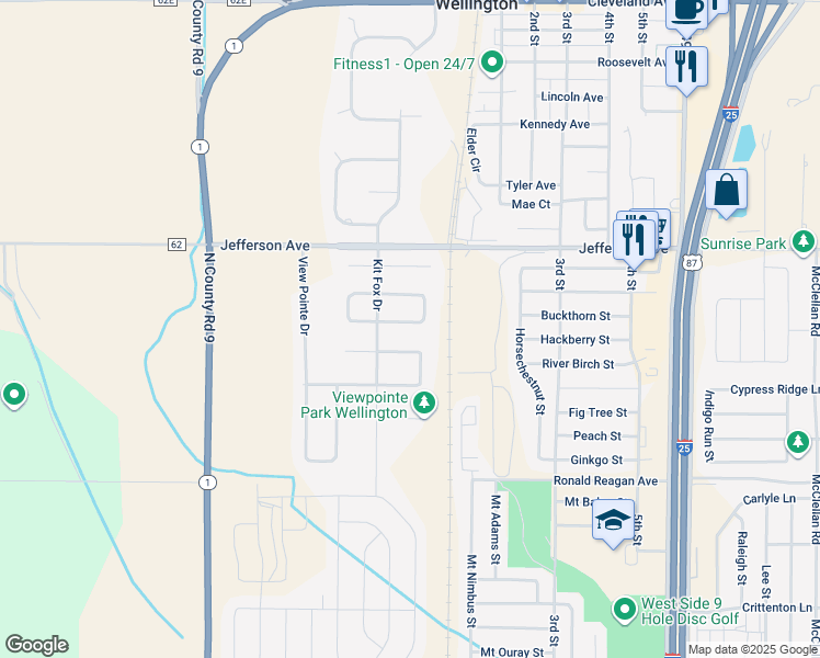 map of restaurants, bars, coffee shops, grocery stores, and more near 3540 Adams Circle in Wellington