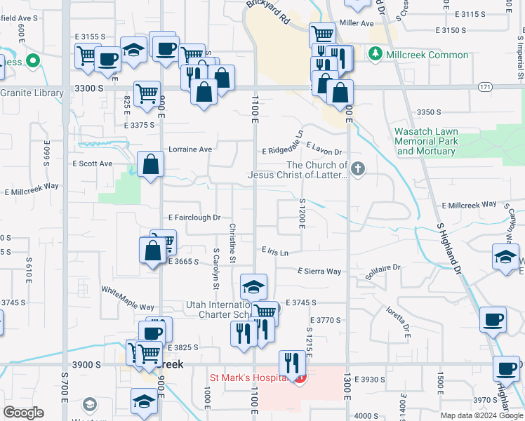 map of restaurants, bars, coffee shops, grocery stores, and more near 1100 East 3580 South in Millcreek