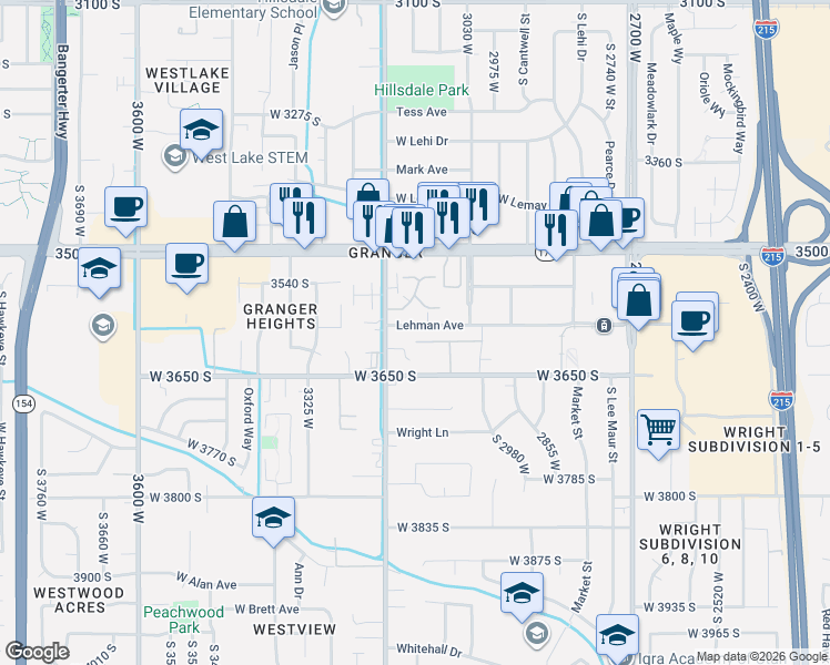 map of restaurants, bars, coffee shops, grocery stores, and more near 3633 Designer Court in West Valley City