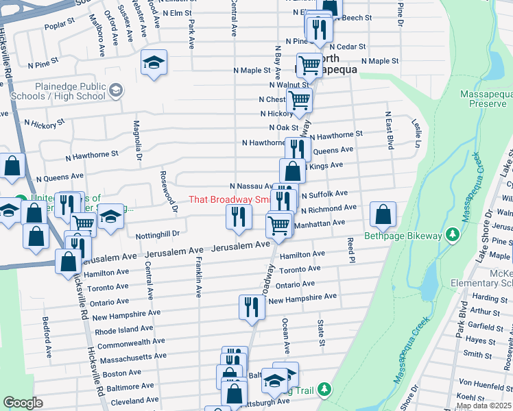 map of restaurants, bars, coffee shops, grocery stores, and more near 220 North Richmond Avenue in North Massapequa