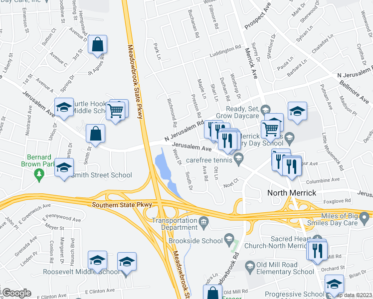 map of restaurants, bars, coffee shops, grocery stores, and more near 1056 North Drive in Merrick