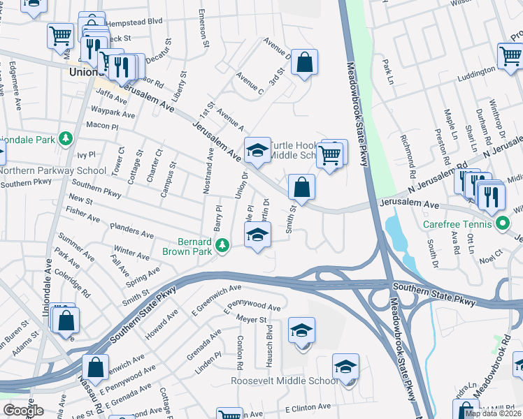 map of restaurants, bars, coffee shops, grocery stores, and more near 751 Martin Drive in Uniondale