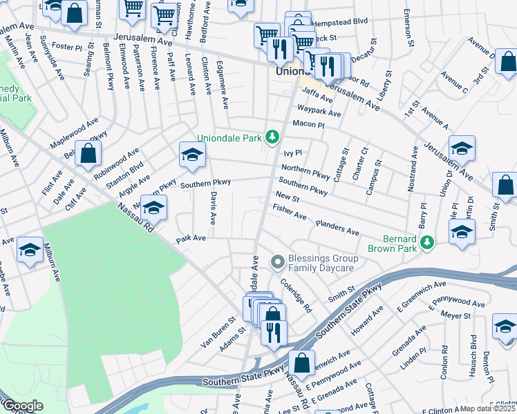 map of restaurants, bars, coffee shops, grocery stores, and more near 340 Uniondale Avenue in Uniondale