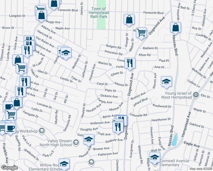 map of restaurants, bars, coffee shops, grocery stores, and more near 715 Plato Street in Franklin Square