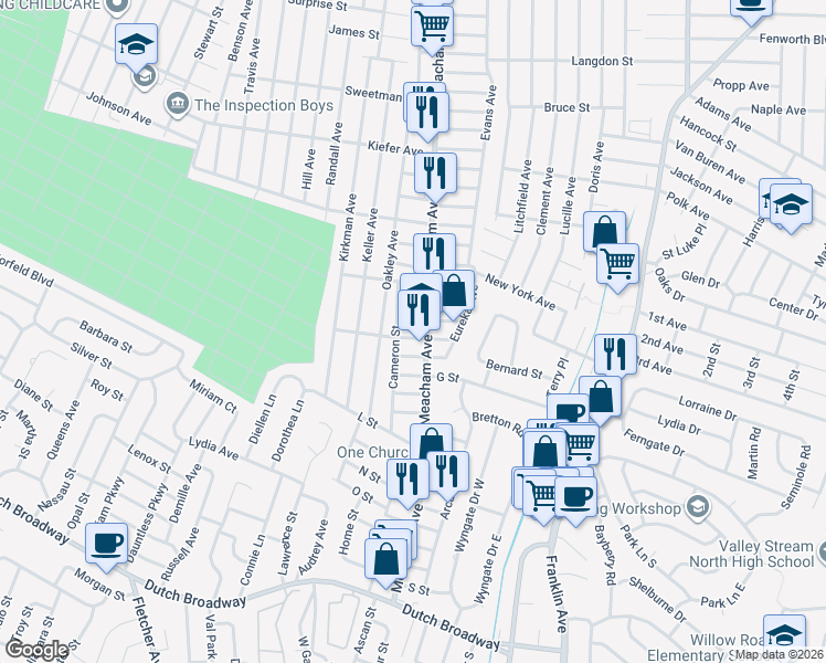 map of restaurants, bars, coffee shops, grocery stores, and more near 1372 F Street in Elmont