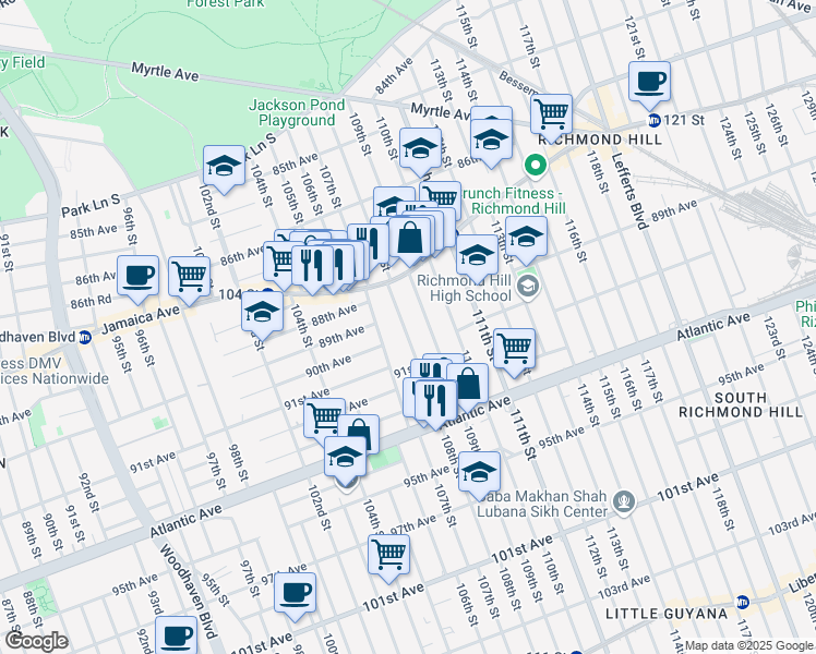 map of restaurants, bars, coffee shops, grocery stores, and more near 87-72 108th Street in Queens
