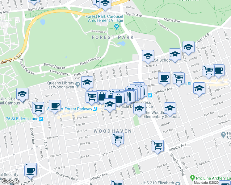 map of restaurants, bars, coffee shops, grocery stores, and more near 86-31 89th Street in Queens