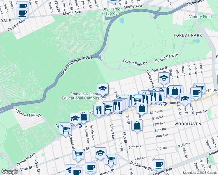 map of restaurants, bars, coffee shops, grocery stores, and more near 74-21 85th Drive in Queens