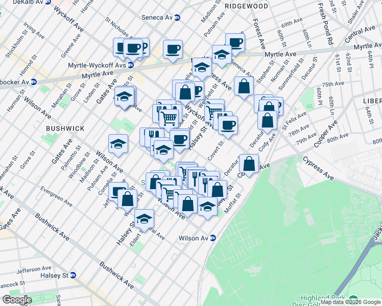 map of restaurants, bars, coffee shops, grocery stores, and more near 327 Eldert Street in Brooklyn