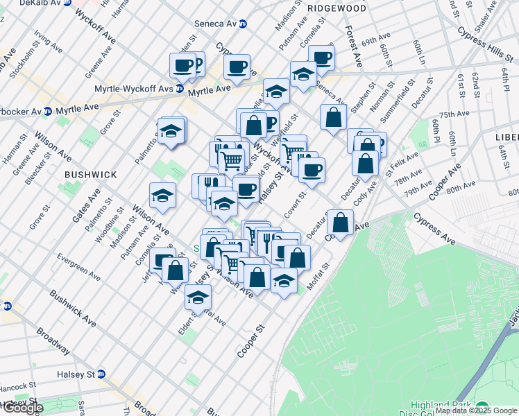 map of restaurants, bars, coffee shops, grocery stores, and more near 327 Eldert Street in Brooklyn
