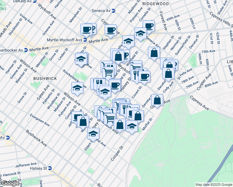 map of restaurants, bars, coffee shops, grocery stores, and more near 327 Eldert Street in Brooklyn