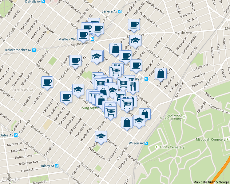 map of restaurants, bars, coffee shops, grocery stores, and more near 1217 Halsey Street in Brooklyn