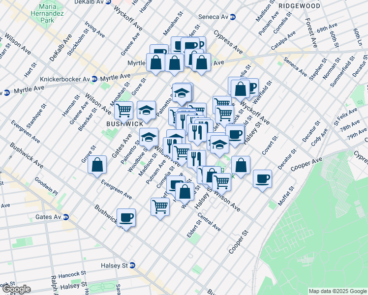 map of restaurants, bars, coffee shops, grocery stores, and more near 1328 Putnam Avenue in Brooklyn