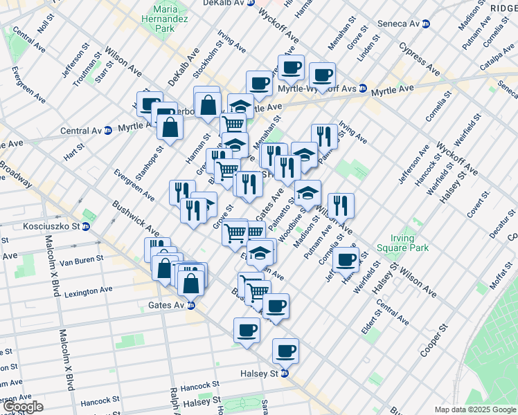 map of restaurants, bars, coffee shops, grocery stores, and more near 1257 Gates Avenue in Brooklyn