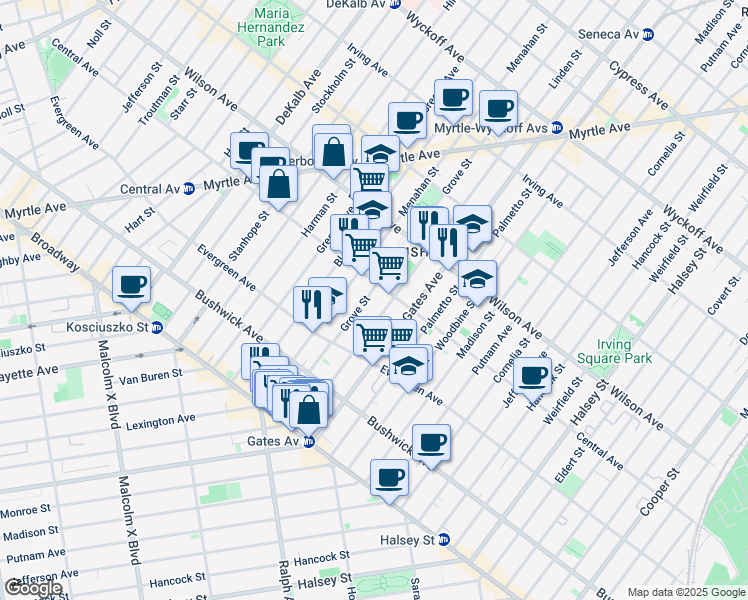 map of restaurants, bars, coffee shops, grocery stores, and more near 120 Grove Street in Brooklyn